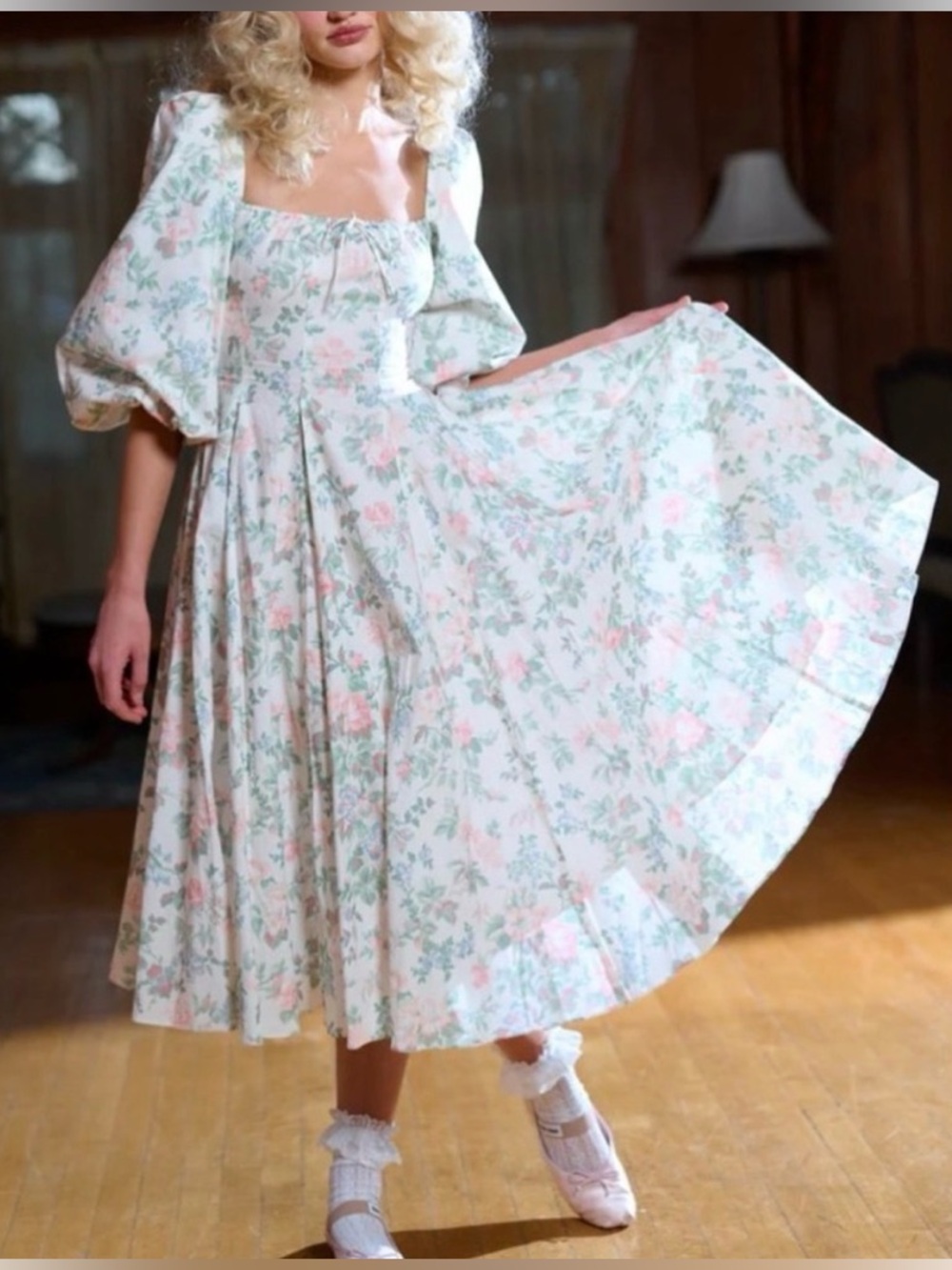 Selkie The Orchard House Dusk Dress Floral Cotton Midi Bow Back NWT XS